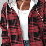 Plaid Print Button Front Pocket Design Drawstring Hoodie Jacket Casual Asymmetrical Hem Thermal Lined Warm Coat