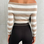 Women's Foldover Off Shoulder Striped Pullover Long Sleeve Slim Fit Knit Top