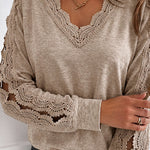 Women's Lace Patchwork V-Neck Top Hollow Out Drop Shoulder Long Sleeve Knit Pullover Elegant Loose Fit Casual Tee
