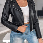 PU Leather Notched Collar Zipper Design Biker Jacket