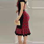 Women's Houndstooth Colorblock Off Shoulder Ruffle Hem Bodycon Dress