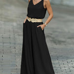 2 Pieces Outfit V-Neck Shoulder Bowknot Design Sleeveless Tank Top and Casual Zipper Fly Elastic Back Waist Wide Leg Pants Set without Belt