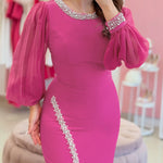 Pearls Decor Lantern Sleeve Slit Evening Dress Zipper Back Slim Fit Party Dress