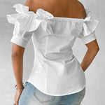 Ruffles Off Shoulder Short Sleeve Button Front Blouse Asymmetrical Hem Top