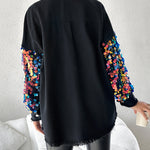 Contrast Sequin Long Sleeve Jacket Top Button Front Raw Hem Loose Fit Shacket