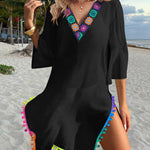 Women's V Neck Beach Cover Up Pom Pom Trim Side Slit Sheer Caftan Causal Three Quarters Sleeve Swimwear