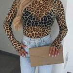 Women's Leopard Print Sheer Mesh Top Long Sleeve Crewneck Fitted Tee with Thumb Holes