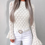 Women's Mock Neck Lace Top Frill Trim Flare Long Sleeve Blouse Jacquard Floral Knit Lined Elegant Top