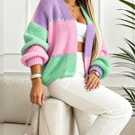 Women's Colorblock Knit Cardigan Chunky Knit Sweater Ribbed Trim Long Sleeve Casual Loose Knitwear