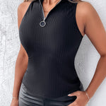Ribbed O-Neck Slim Fit Zipper Thick Strap Mental O-ring Cinch Waist Tank Casual Top