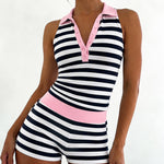 Women's 2 Piece Striped Slim Fit Outfit Sleeveless Polo Top and High Waisted Shorts Set