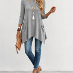 Women's Ribbed Asymmetrical Hem Top Crewneck Three Quarters Sleeve A-Line Casual Top