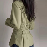 Turn-down Collar Long Sleeve Button Front Blouse Casual Back Criss Cross Tied Detail Fishtail Shirt