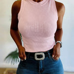 Rhinestone Decor O-neck Sleeveless Knit Tee Slim Fit Tank Top