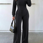 2 Pieces Outfit O-neck Long Sleeve Cinched Waist Sweatshirt and Elastic Waist Wide Leg Pants Set Casual Seam Design Sweatpants Set