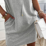 Stand Collar Drawstring Three Quarters Sleeve Casual Sweatshirt Dress