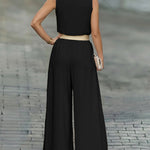2 Pieces Outfit V-Neck Shoulder Bowknot Design Sleeveless Tank Top and Casual Zipper Fly Elastic Back Waist Wide Leg Pants Set without Belt