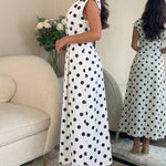 Women's Skew Neck Polka Dot Maxi Dress Ruched A-Line Swing Dress Elegant Party Cocktail Dress with Pockets