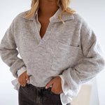 Women's Rib-Knit Polo Sweater V-Neck Collared Long Sleeve Pullover Loose Fit Drop Shoulder Top