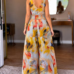 Women's V-Neck Floral Print Mesh Wide Leg Jumpsuit Stretchy Straps Shirred Waist Overalls