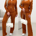 Women's Three Piece Knit Outfit Collared Two Way Zipper Coat and V Neck Tank Top and Bootcut Pants Ribbed Set