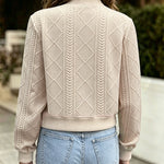 Women's Vintage Argyle Cable Knit Bomber Jacket Elegant Baseball Collar Button Down Cropped Coat with Flap Pockets