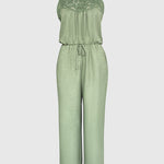 Women's Halter Jumpsuit Lace Trim Backless Overalls Tied Detail Wide Leg Jumpsuit with Pockets