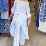 2 Pieces Outfit Button Decor One Shoulder Turn-Up Sleeves Slit Raw Edges Top and Casual Drawstring Elastic Waist Wide Leg Pants Set