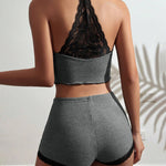 2 Pieces Colorblock Halter Contrast Lace Backless Tank Top & Waffle Knit Casual Shorts Sets