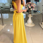 Halter Sleeveless Tied Detail Shirred Criss Cross Flared Dress Glamorous Evening Dress