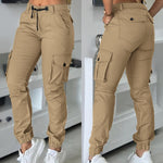 Zipper Fly Drawstring Elastic Back Waist Cuffed Trousers Casual Multiple Flap Pockets Design Cargo Pants