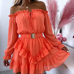 Women's Off Shoulder Frill Trim Mini A Line Dress Flowy Chiffon Ruffle Hem Party Dress with Belt & Built-In Shorts