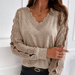 Women's Lace Patchwork V-Neck Top Hollow Out Drop Shoulder Long Sleeve Knit Pullover Elegant Loose Fit Casual Tee