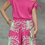 CHICME Women's 2 Piece Set Skew Neck Drawstring Top and High Waisted Wide Leg Tropical Print Pants with Pockets
