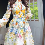 French Style Floral Print Stand Collar Lantern Sleeve Button Down Evening Dress Cinched Waist Vacation Dress with Belt