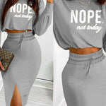 2 Pieces Outfit NOPE. not today Slogan Print Long Sleeve Stretchy Hem Crop Top and High Waist Drawstring Elastic Waist Slit Casual Skirt Set