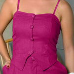 2 Pieces Outfit Adjustable Spaghetti Straps Button Front Shirred Back Crop Cami Top and Casual Zipper Fly Elastic Back Waist Shorts Set