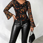 Women's Vintage Floral Mesh Cowl Neck Ruched Side Flare Long Sleeve Top