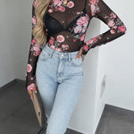 Women's Floral Rhinestone Sheer Mesh Top Long Sleeve Slim Fit Tee with Thumb Holes