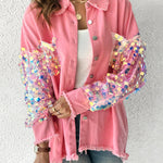 Contrast Sequin Long Sleeve Jacket Top Button Front Raw Hem Loose Fit Shacket