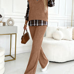 Vintage Plaid Print Spliced Turn-down Collar Long Sleeve Faux Two-Piece Top and Elastic Waist Pants Set Casual Ribbed Brushed Commuting Set