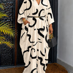 Women's Abstract Print Caftan Dress Loose V Neck Batwing Sleeve Maxi Dress Hollow Out Long Robe with Pockets