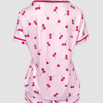 2 Pieces Outfit Notched Collar Short Sleeve Button Front Top and Elastic Waist Shorts Set Casual Cherry Print Contrast Piping Pajamas Set