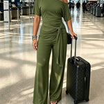 Women's Skew Neck 2 Piece Outfits Ruched Tie Waist Short Sleeve Top and High Waisted Wide Leg Pants Lounge Set