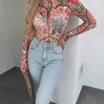 Women's Vintage Floral Rhinestone Mesh Top Slim Fit Long Sleeve Tee with Thumb Holes
