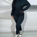 2 Pieces Outfit Drop Shoulder Kangaroo Pocket Stretchy Hem Crop Drawstring Hoodie Sweatshirt And Drawstring Elastic Waist Jogger Sweatpants Casual Tracksuit