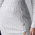 Polo V-Neck Long Sleeve Fleece Lined Bodycon Dress Slit Button Decor Ribbed Mini Dress