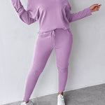 2 Pieces Outfit Long Sleeve Skew Neck Pullover Top and Drawstring Elastic Waist Slim Fit Pants Set