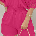 Women's Lace Off Shoulder Romper Shirred Waist Tied Detail Textured Short Jumpsuit with Pockets