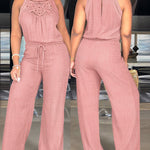Women's Halter Jumpsuit Lace Trim Backless Overalls Tied Detail Wide Leg Jumpsuit with Pockets